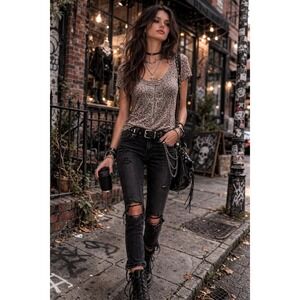 Western Grunge Cowgirl Leopard Sequin Cross Semi Sheer Thin Slim Fit Lg T Shirt